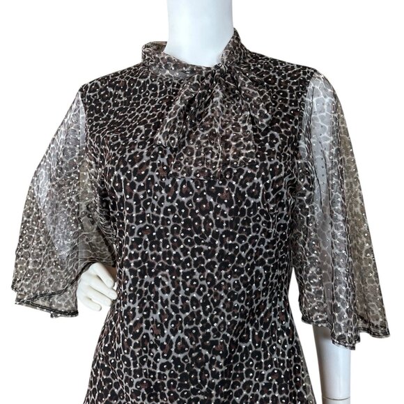 Black Halo Leopard Print Metallic Glitter Dot Sheer Dress Brown Silver Size 12 - Picture 3 of 10